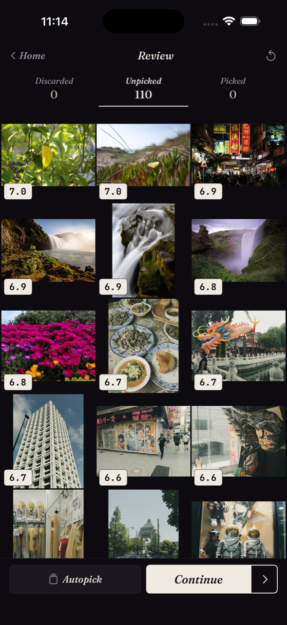 Review grid showing scored thumbnails sorted from best to worst