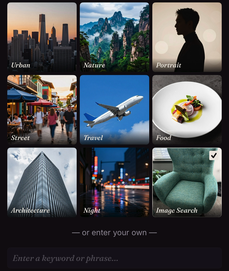 Subject picker grid: Urban, Nature, Portrait, Street, Travel, Food, Architecture, Night, plus an Image Search tile and a keyword-or-phrase field below.