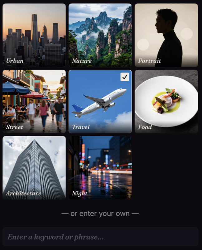 Subject picker grid: Urban, Nature, Portrait, Street, Travel (selected), Food, Architecture, Night, with a keyword input below.