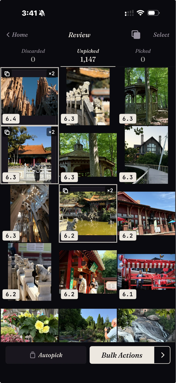Review grid of scored thumbnails sorted best to worst, with near-duplicate shots grouped into stacks marked by a count badge