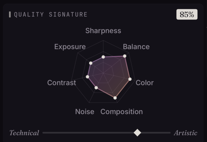 Quality Signature radar with seven labeled axes: Sharpness, Balance, Color, Composition, Noise, Contrast, Exposure. Technical/Artistic slider underneath.