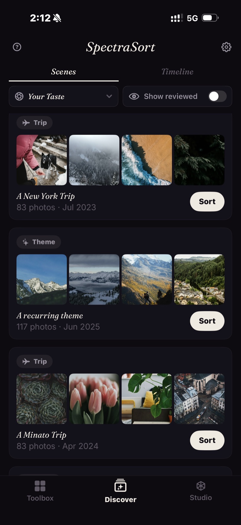 Discover — Scenes, auto-gathered collections of trips, themes and series