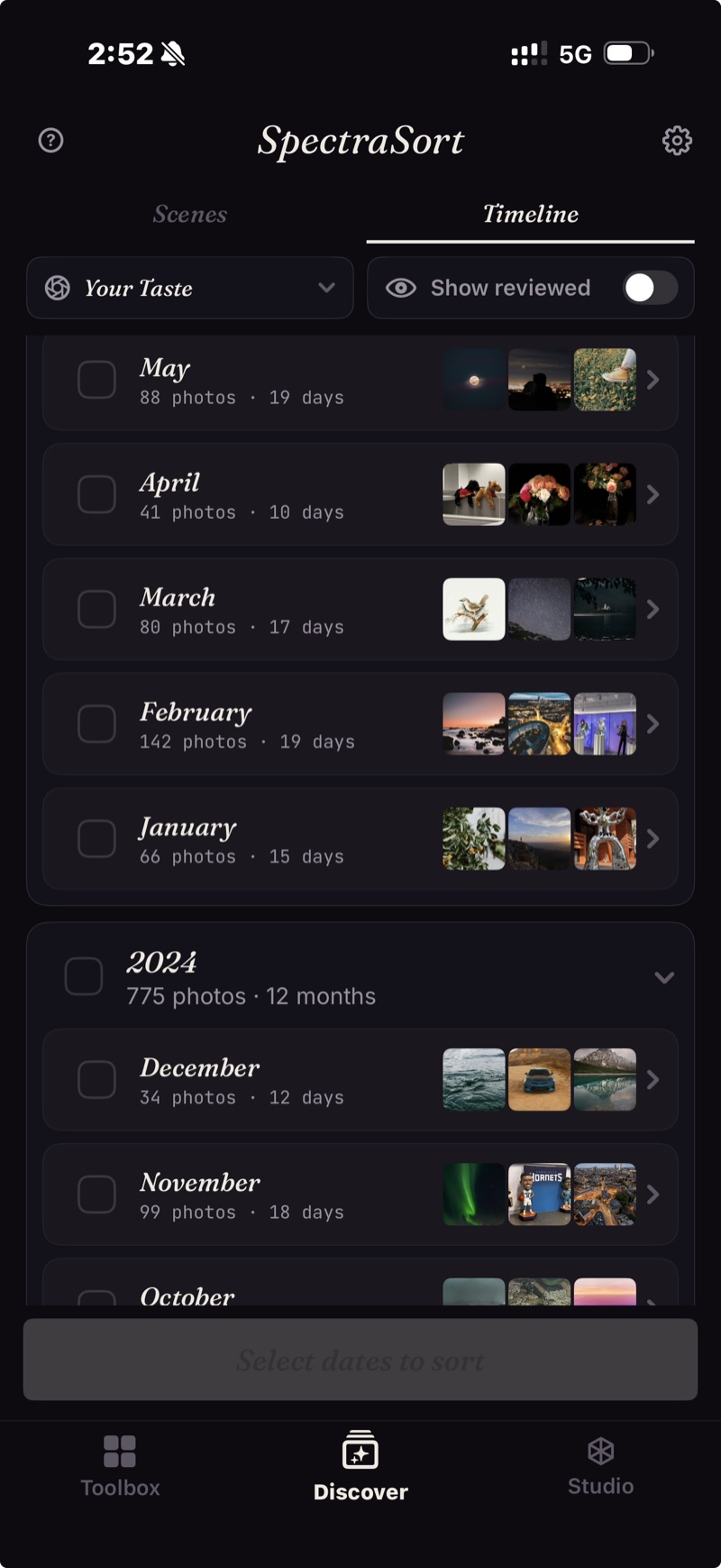 Discover — Timeline, drilling from year to month to day