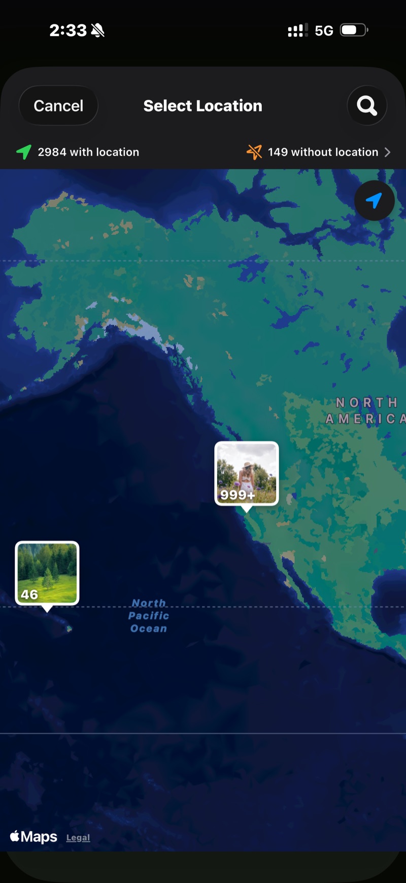 Select Location — a map with photo pins and counts; 2,984 photos with location, 149 without