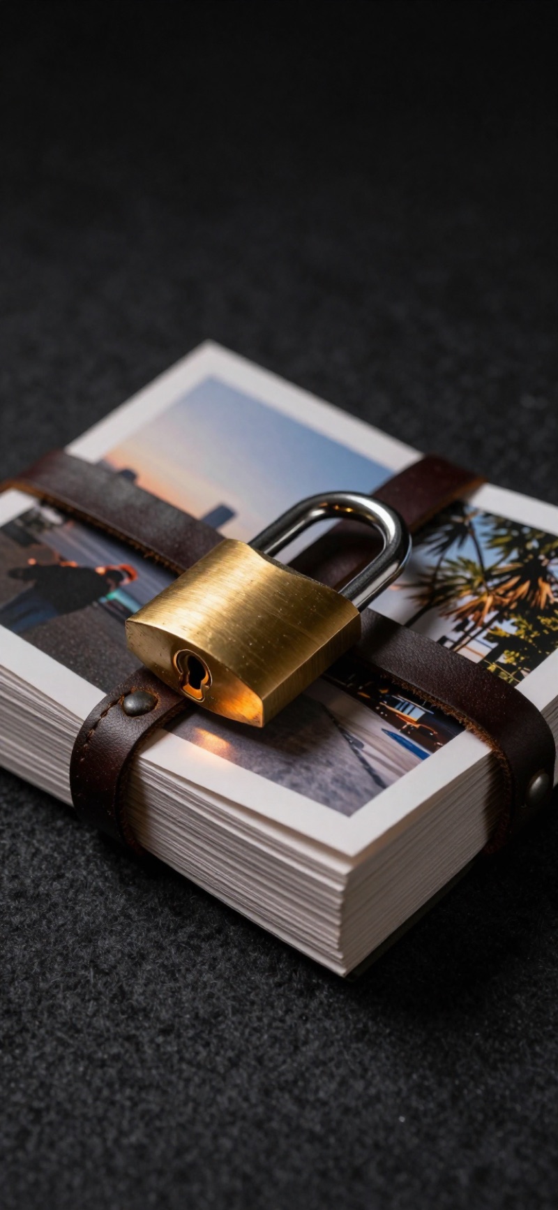 A brass padlock on a strapped stack of printed photographs