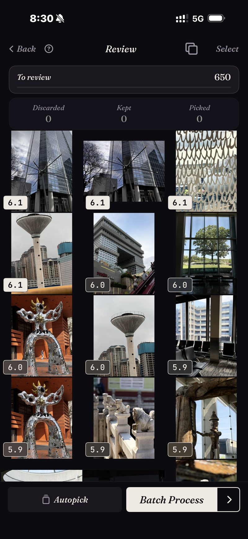 A real culling pass — 650 architecture photos scored, strongest first
