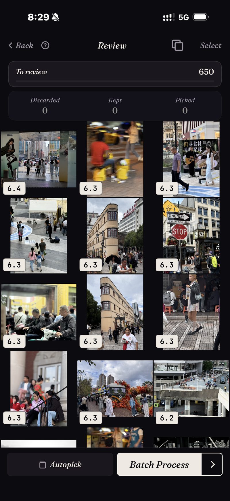 A real sort — a street slice of 650 photos scored and ordered, best first