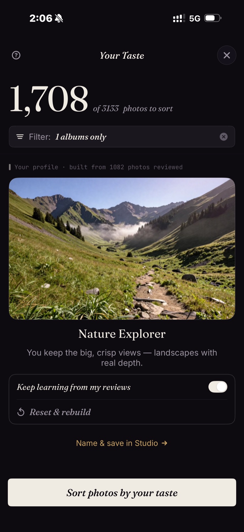 Your Taste — three learned profiles side by side: Portrait Creative, Nature Explorer built from 1,082 photos reviewed, and Pet Whisperer