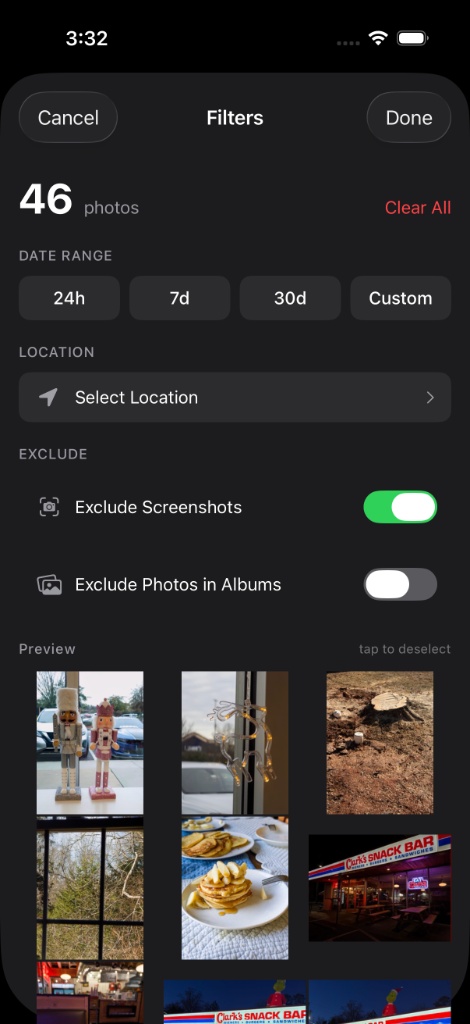 Photo filter interface with date, location, and album options