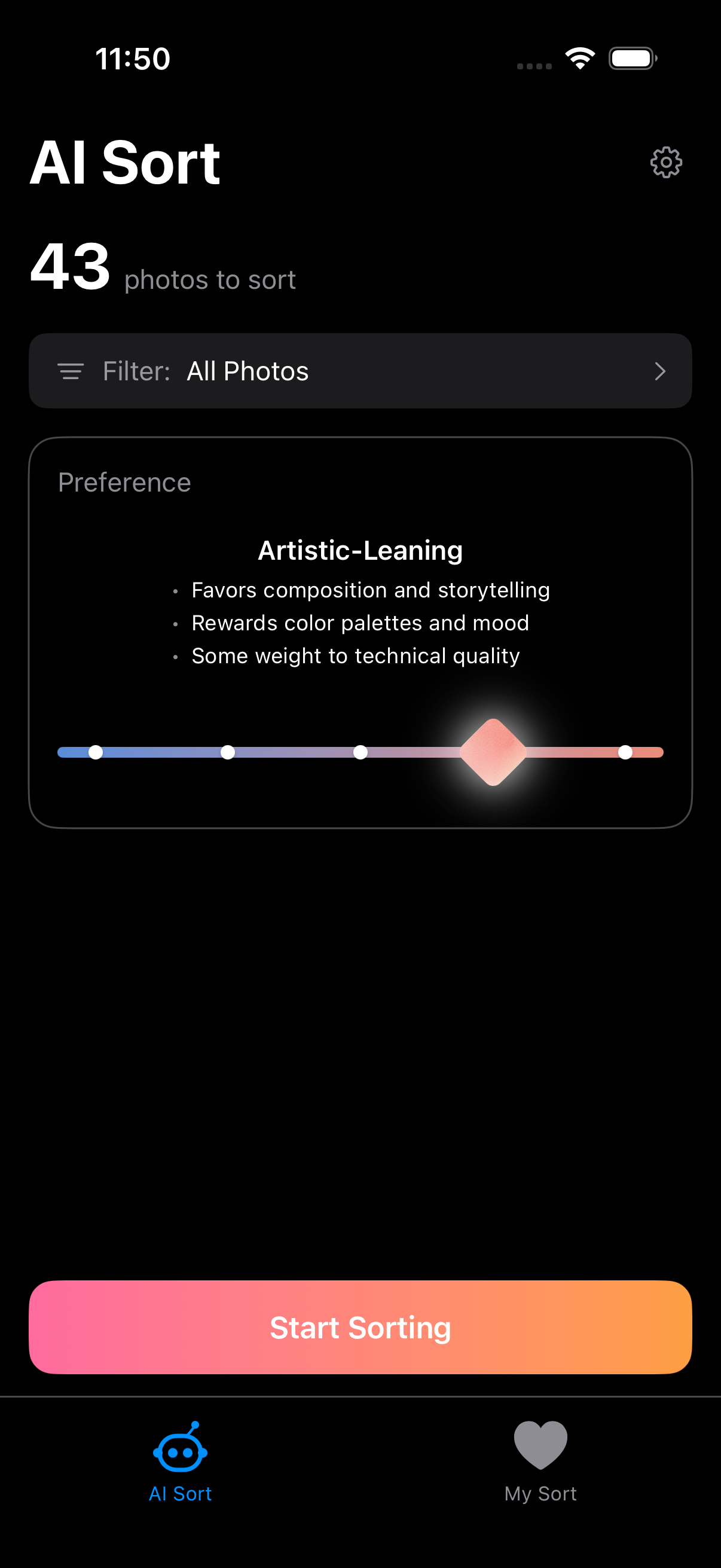 SpectraSort AI Sort interface with preference slider