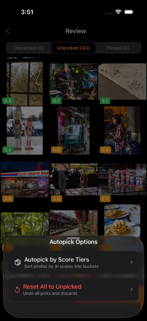 Autopick options with score tier sorting and reset