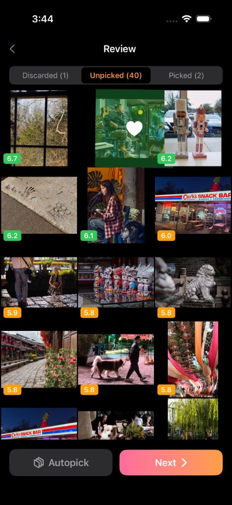 Review grid with AI scores and picked photos